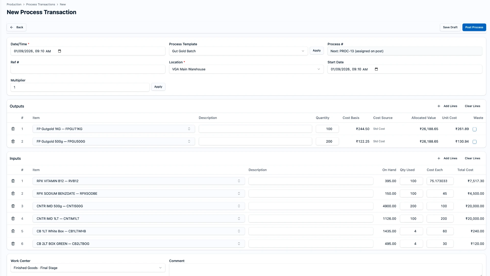 Batchy process transaction form with two finished-goods outputs and six consumed inputs, each showing quantity, cost each and allocated value