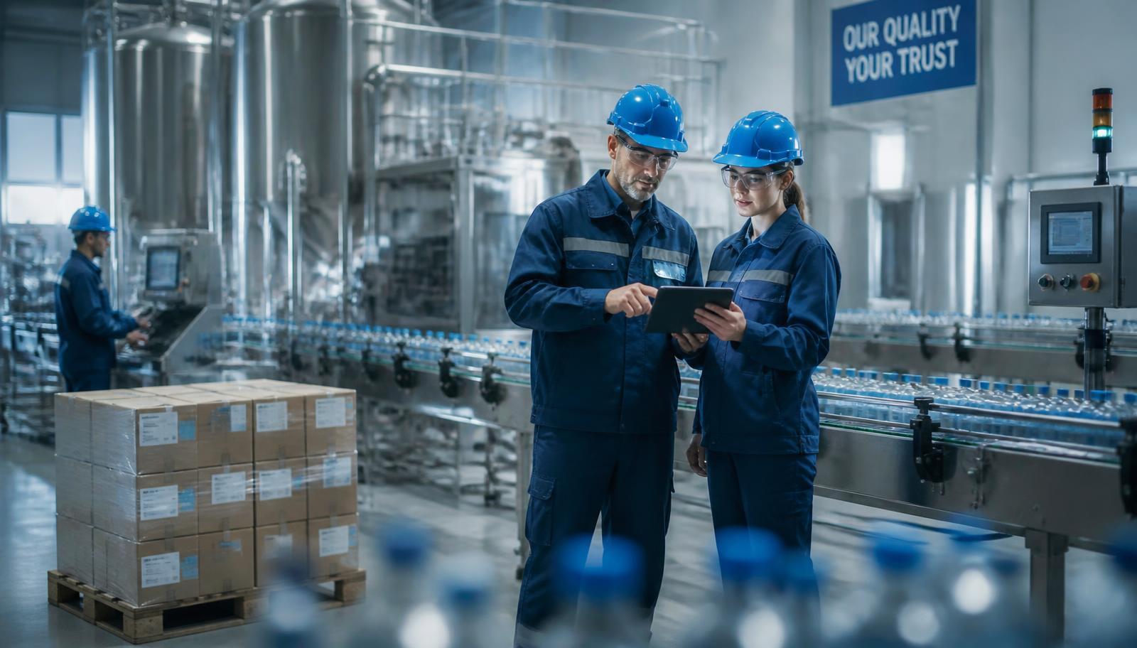 Operators reviewing production data on a tablet beside a bottling line and process tanks
